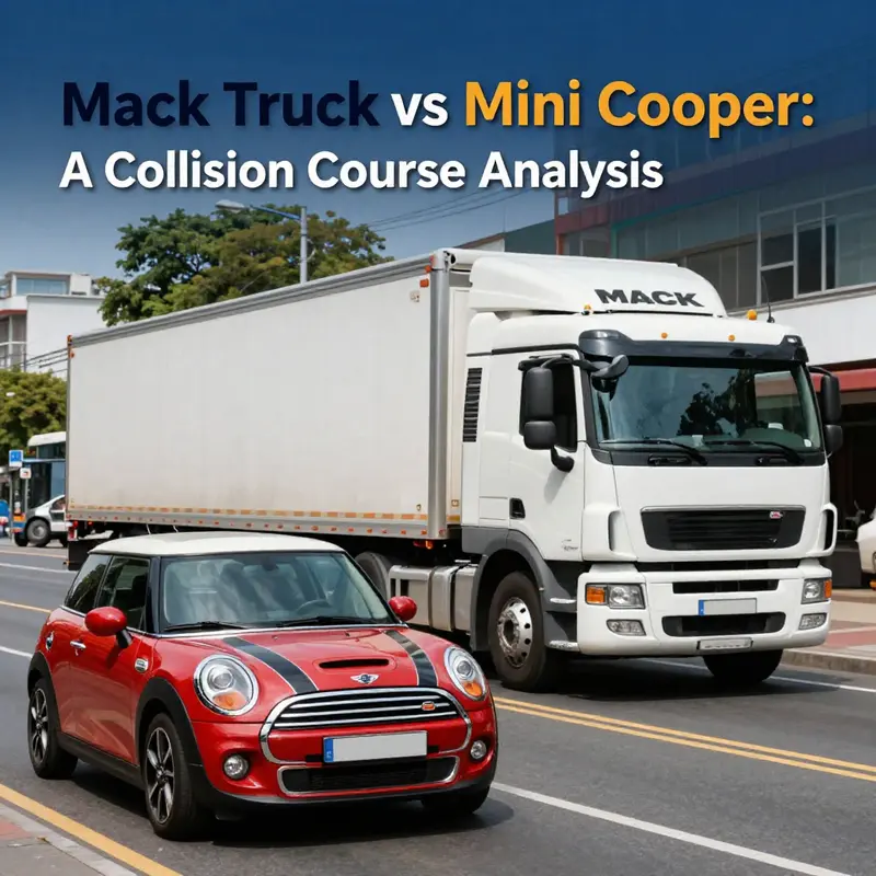 An illustrative representation of the collision dynamics between a large Mack truck and a small Mini Cooper.