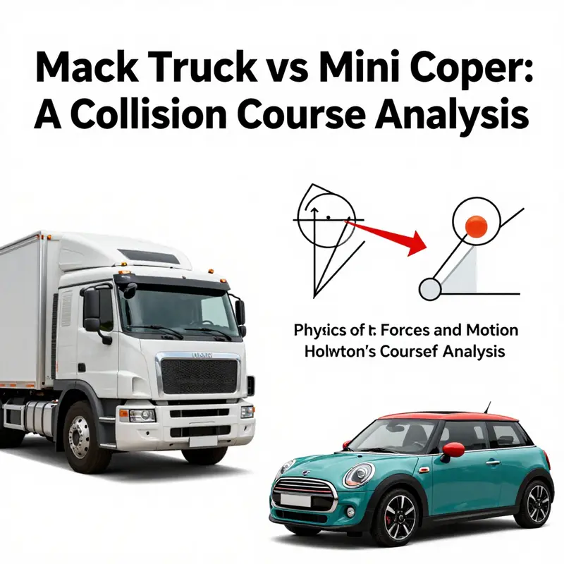 An illustrative representation of the collision dynamics between a large Mack truck and a small Mini Cooper.