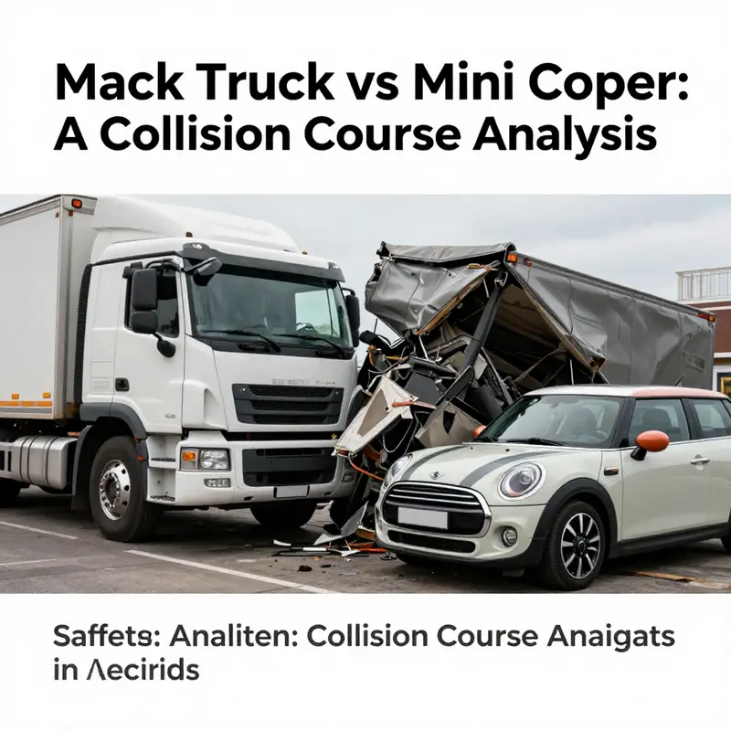 An illustrative representation of the collision dynamics between a large Mack truck and a small Mini Cooper.