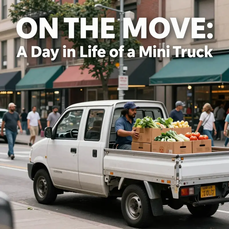 A mini truck starts its day, navigating urban streets and preparing for deliveries.