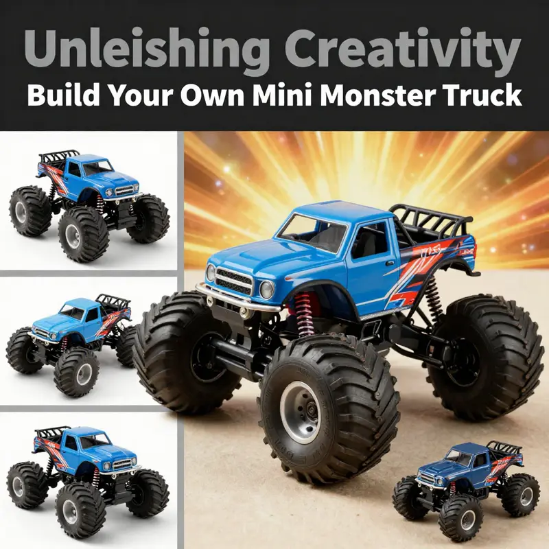 A visual collage depicting various stages of mini monster truck building, capturing creativity and engagement.