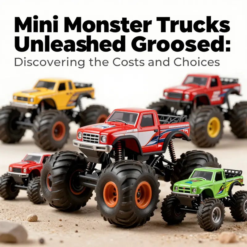 A collage of various mini monster trucks showcasing their design and purposes, from hobbyist toys to industrial vehicles.