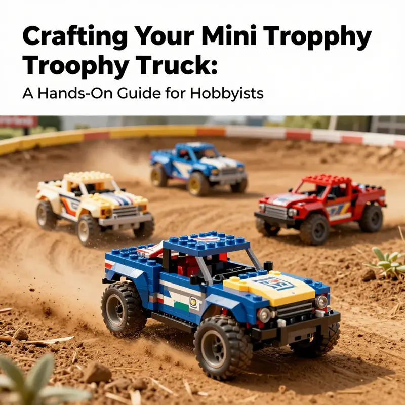 A colorful array of mini trophy trucks on a dirt track, demonstrating their performance and craftsmanship.