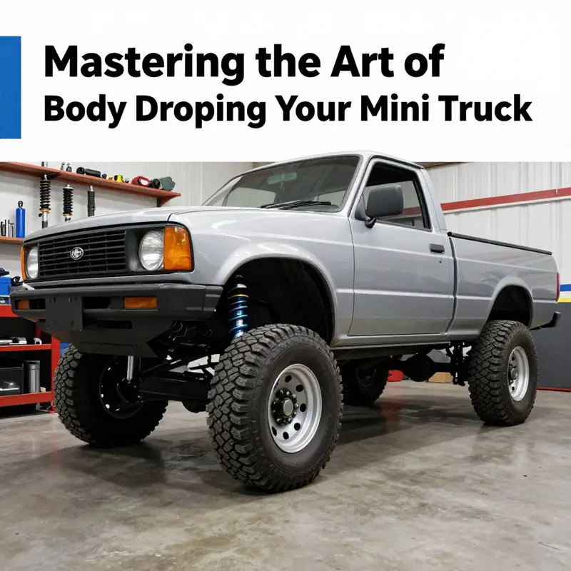 A mini truck displays its new lowered suspension with expert installation showcasing adjustments.