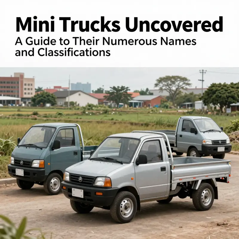 Mini trucks depicted in both urban and rural scenes, highlighting their usability.