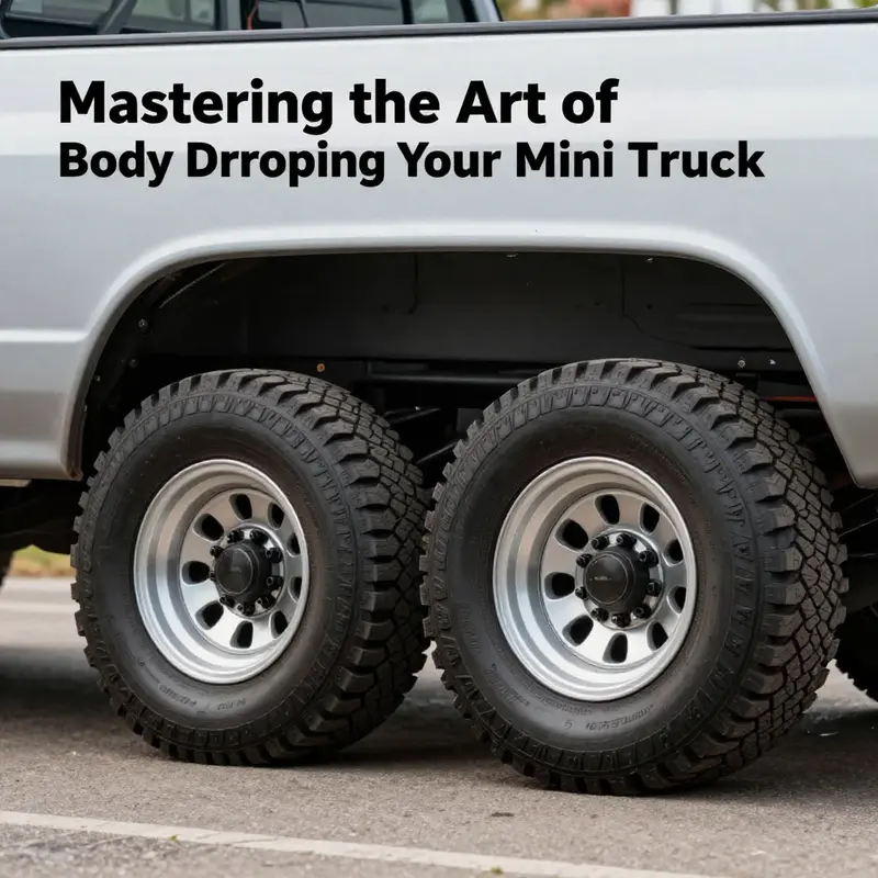 A mini truck displays its new lowered suspension with expert installation showcasing adjustments.