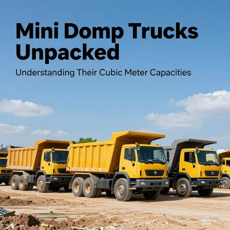 A row of mini dump trucks on a construction site, each filled with various materials, under a clear blue sky.