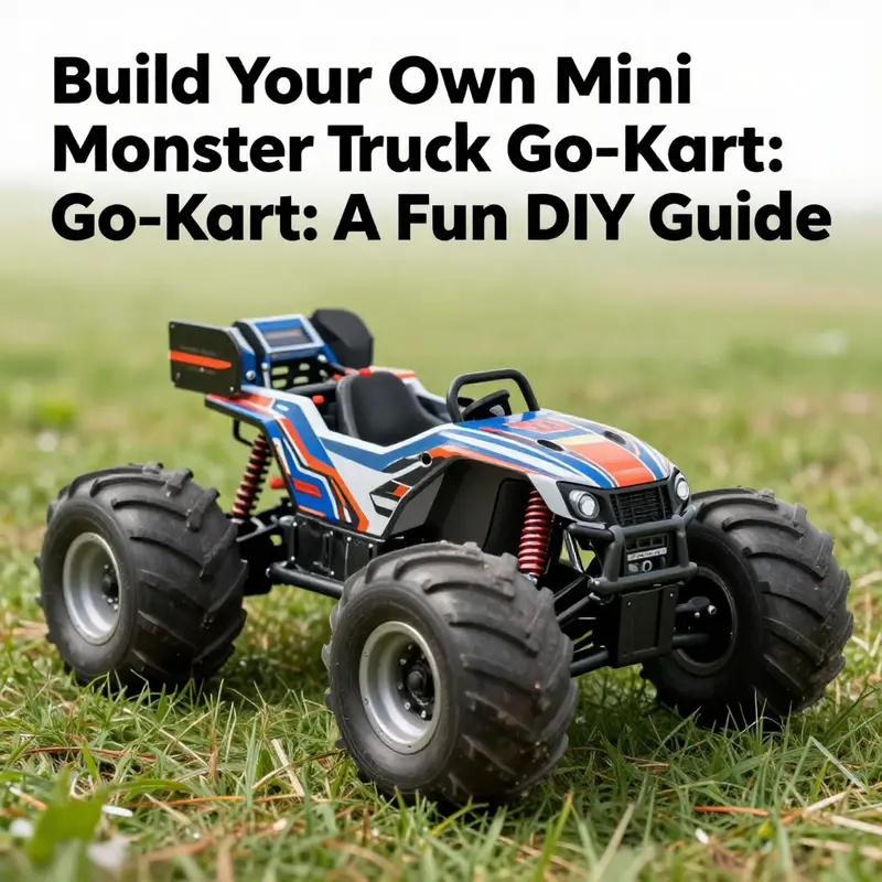 A vibrant mini monster truck go-kart showcased outdoors, highlighting its impressive design.