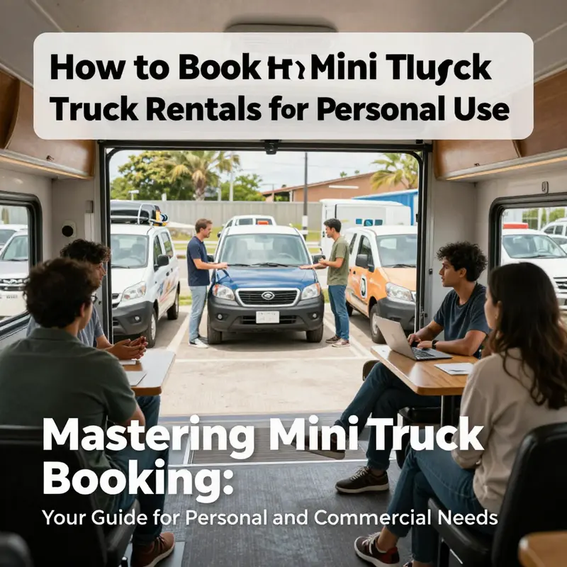 A welcoming truck rental office with several mini trucks ready for personal use.