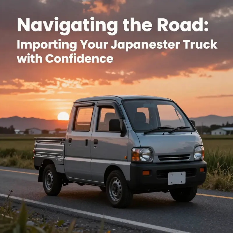 A Japanese mini truck parked on a beautiful road at sunset, representing the spirit of adventure and utility.
