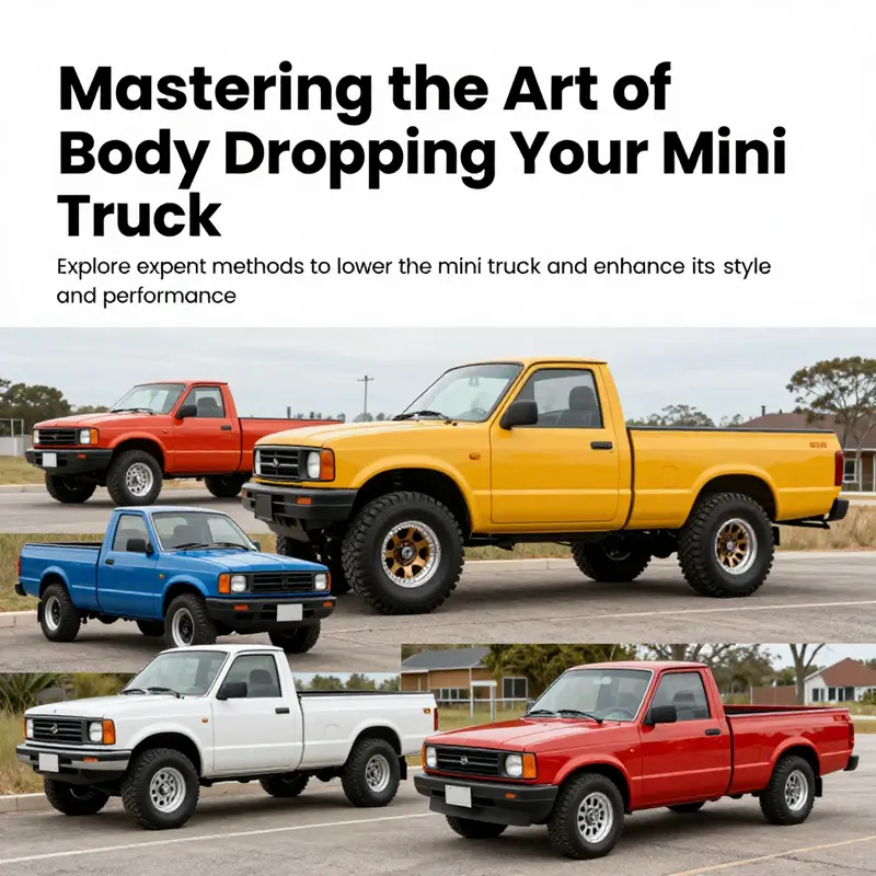 A lineup of colorful modified mini trucks showing various body drops and customizations in a vibrant outdoor environment.