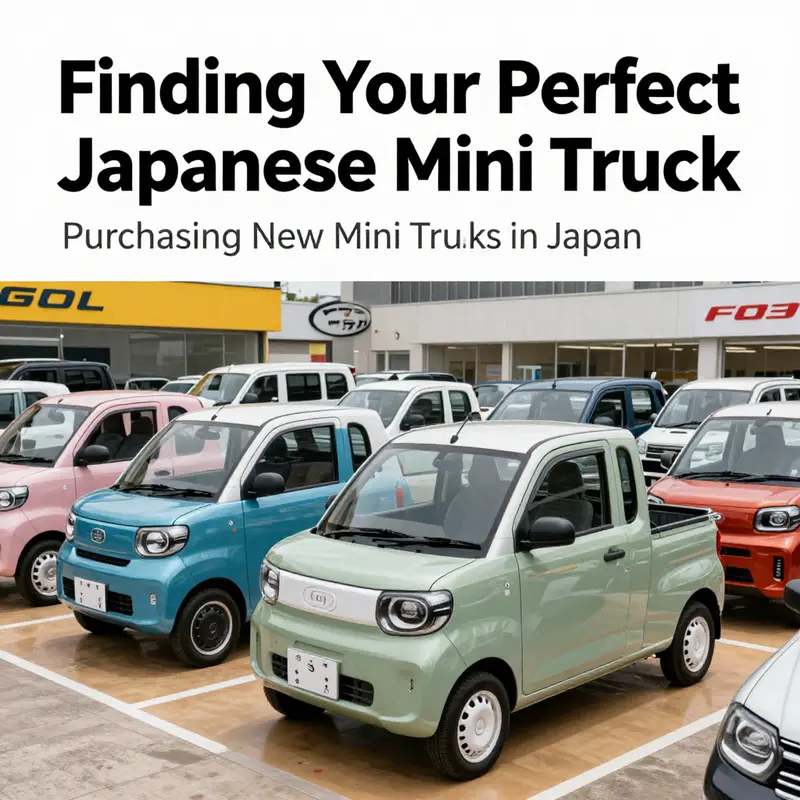 A selection of shiny new Japanese mini trucks ready for delivery at a dealership.