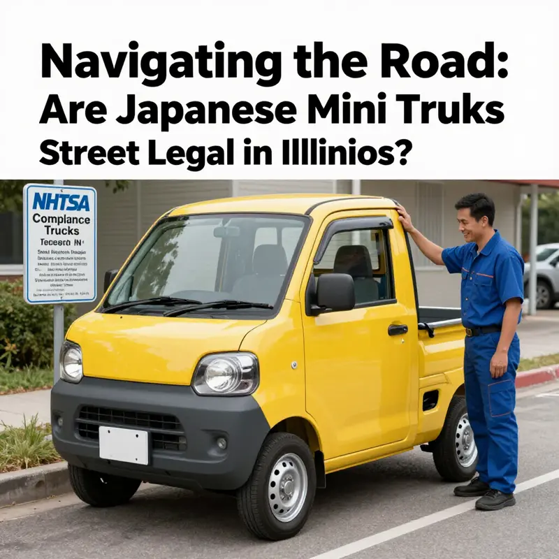 A mechanic inspects a Japanese mini truck to ensure compliance with NHTSA regulations.