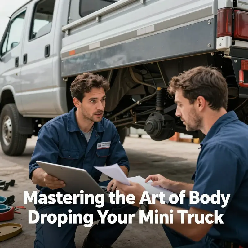 A mini truck displays its new lowered suspension with expert installation showcasing adjustments.