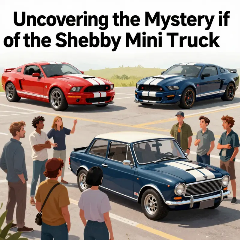 Car enthusiasts puzzled over the idea of a Shelby Mini Truck, surrounded by classic Shelby models.