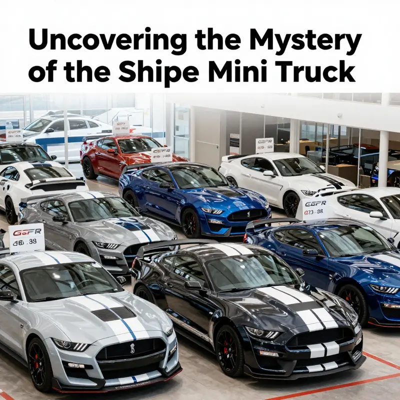 Car enthusiasts puzzled over the idea of a Shelby Mini Truck, surrounded by classic Shelby models.