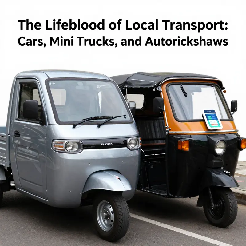 A vibrant urban scene showcasing the essential role of diverse transport vehicles in local economies.