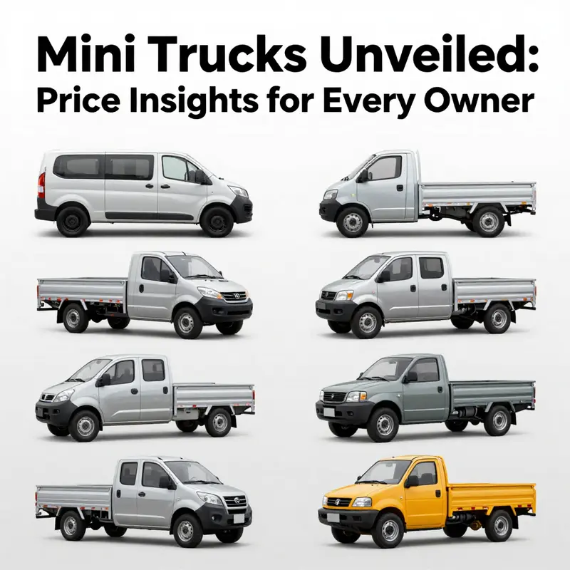 Showroom of new mini trucks illustrating their diverse pricing options.