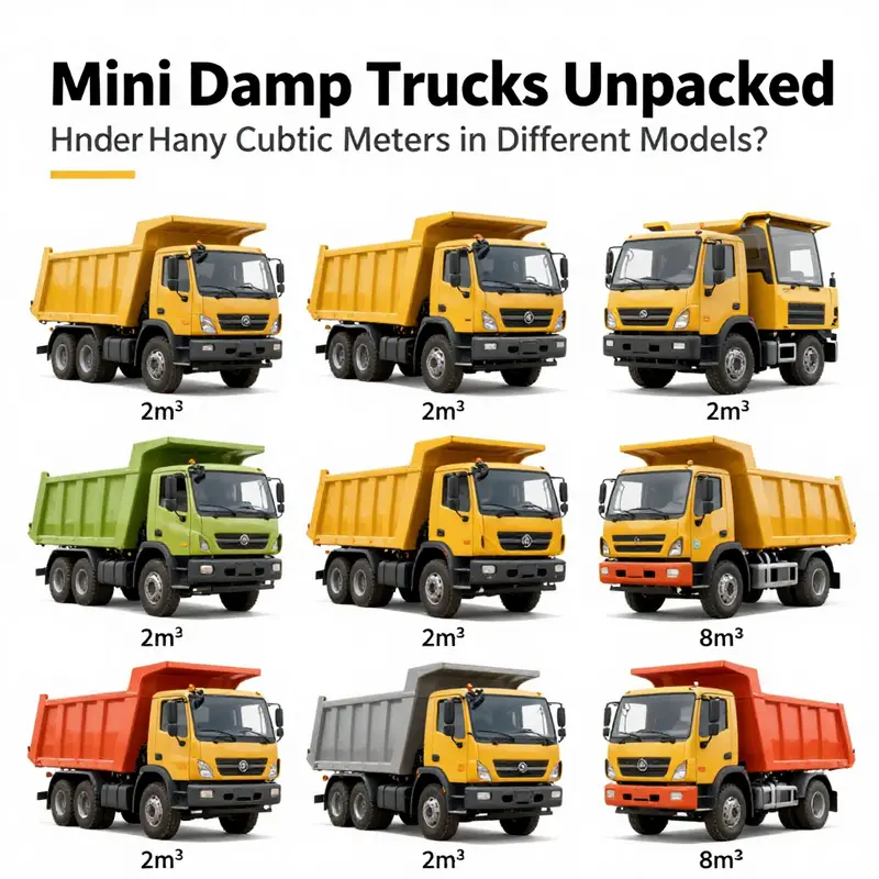Different mini dump trucks showcasing their varying capacities filled with materials.