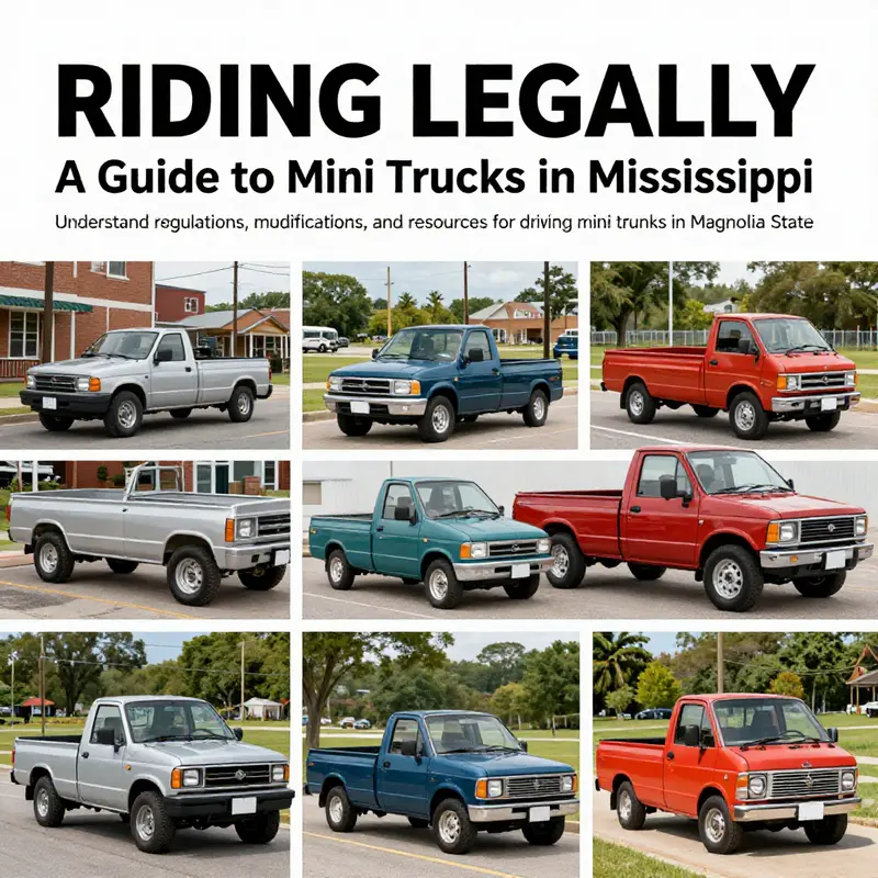 A colorful collage of mini trucks driven in various environments throughout Mississippi, highlighting their utility and charm.