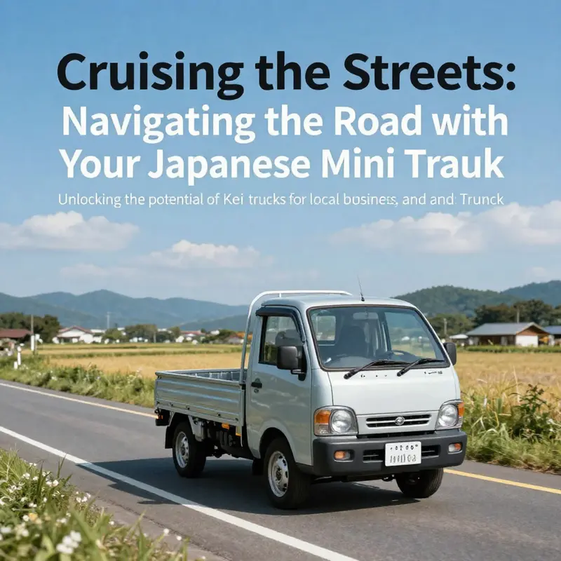 A Japanese mini truck in motion on a beautiful countryside road, with vast landscapes and a clear sky in the background.