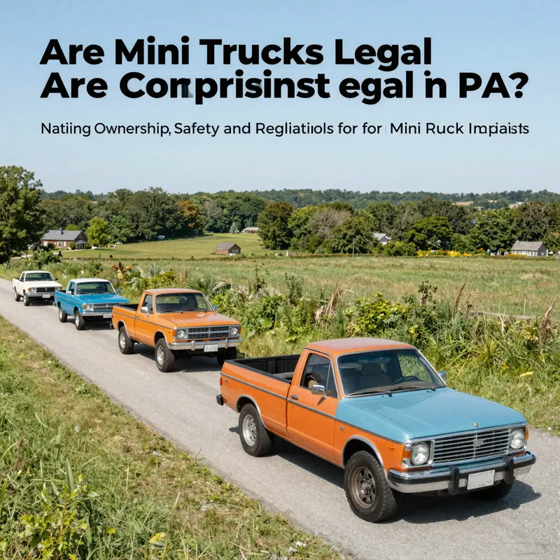 A beautiful view of Pennsylvania countryside with colorful mini trucks parked along a winding road.