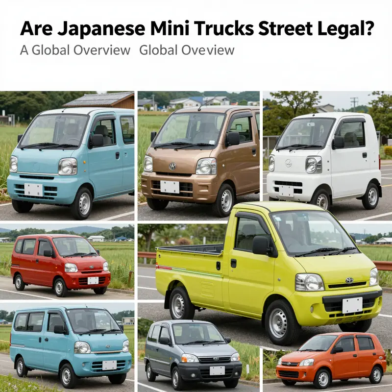Collage of kei trucks in Japan across various settings.