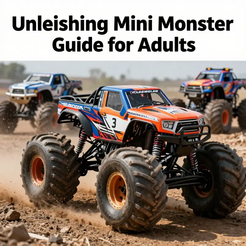 A collage of colorful mini monster trucks captured in dynamic action.