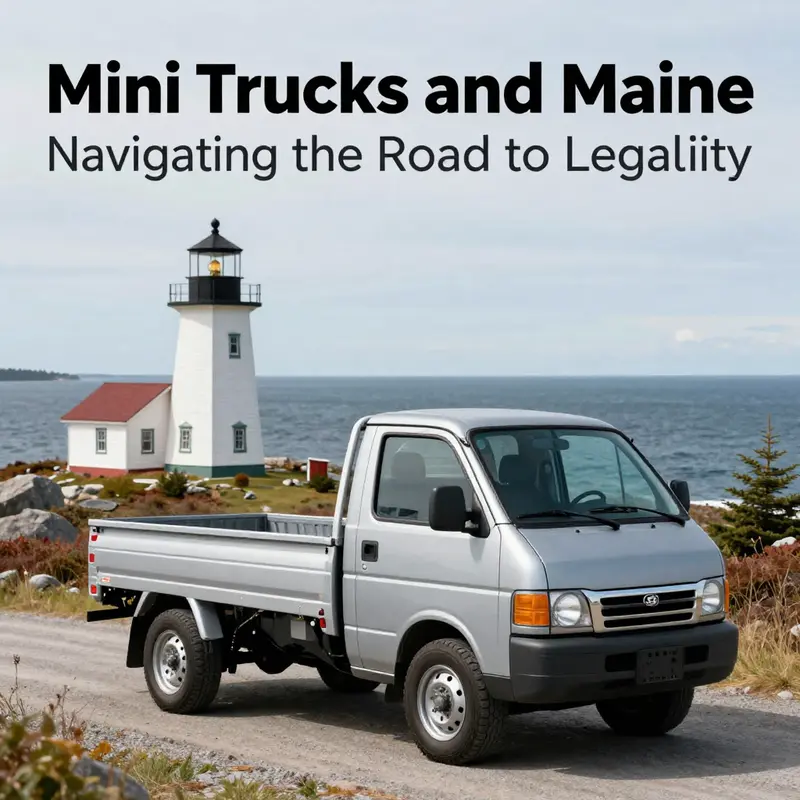 A mini truck set against a beautiful Maine landscape featuring ocean views and picturesque lighthouses.