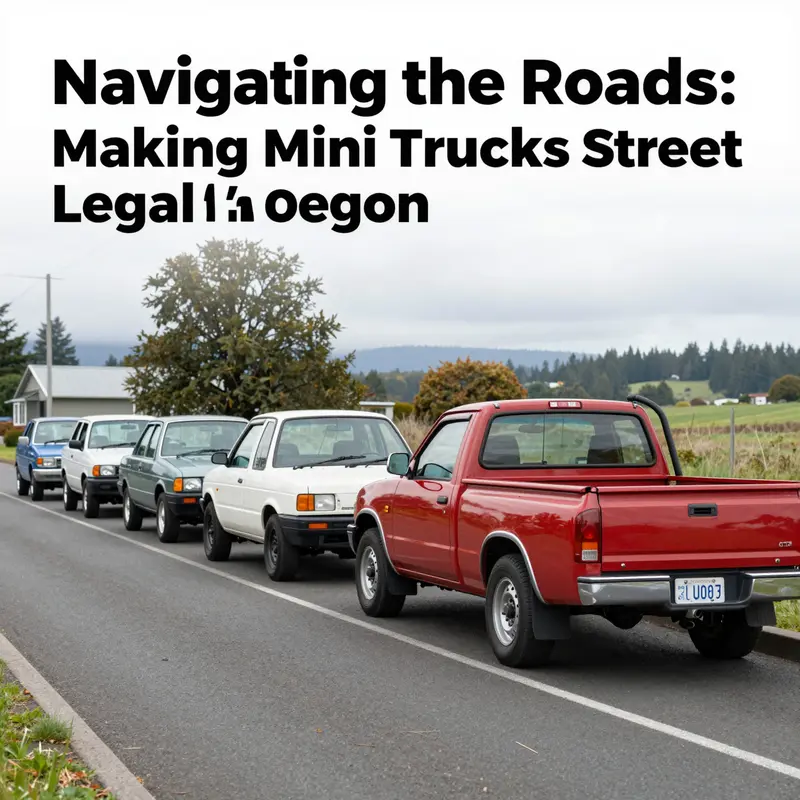 A diverse lineup of mini trucks on an Oregon street, visually representing their legal status through proper modifications.