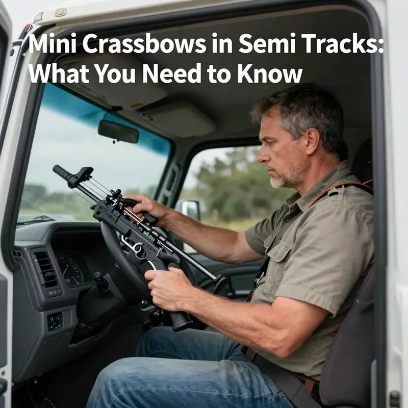 A mini crossbow securely placed in the cabin of a semi-truck illustrating the intersection of transportation and archery.