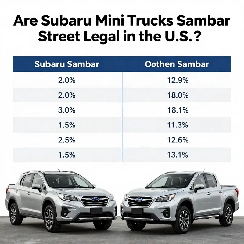 A Subaru Sambar mini truck alongside U.S. import regulations sign, highlighting the legal constraints of their use.