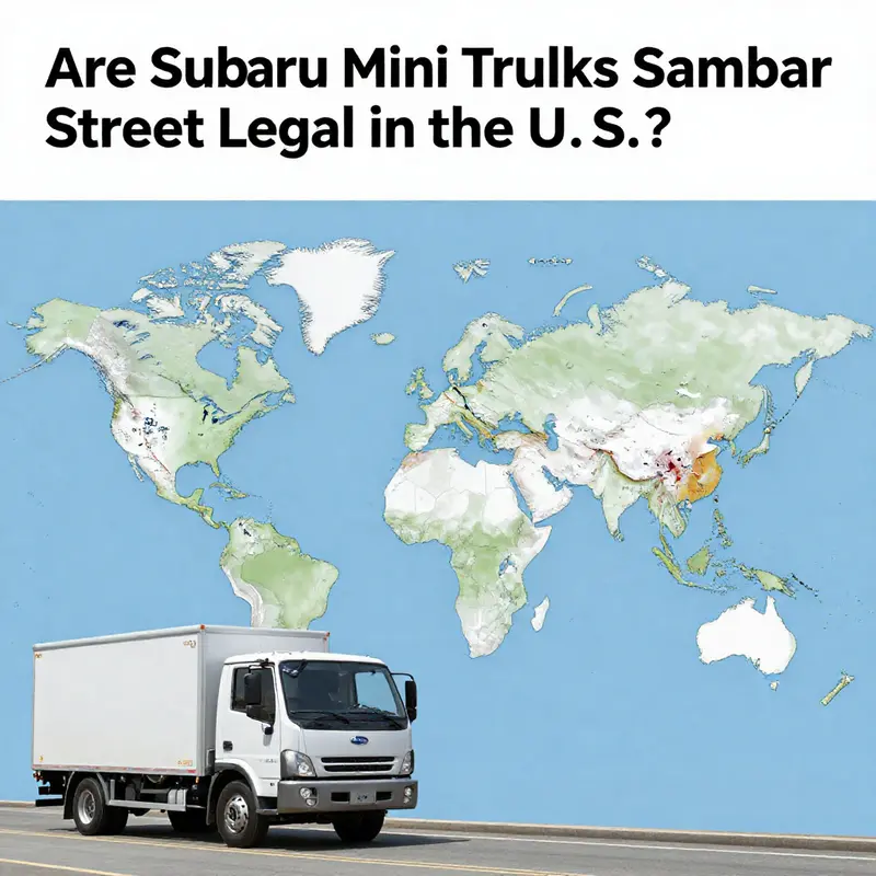 A Subaru Sambar mini truck alongside U.S. import regulations sign, highlighting the legal constraints of their use.