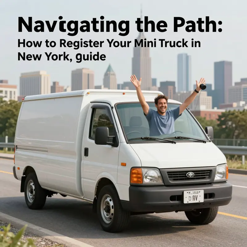An enthusiastic mini truck owner, smiling and preparing their vehicle for a road trip, against a bright New York skyline.