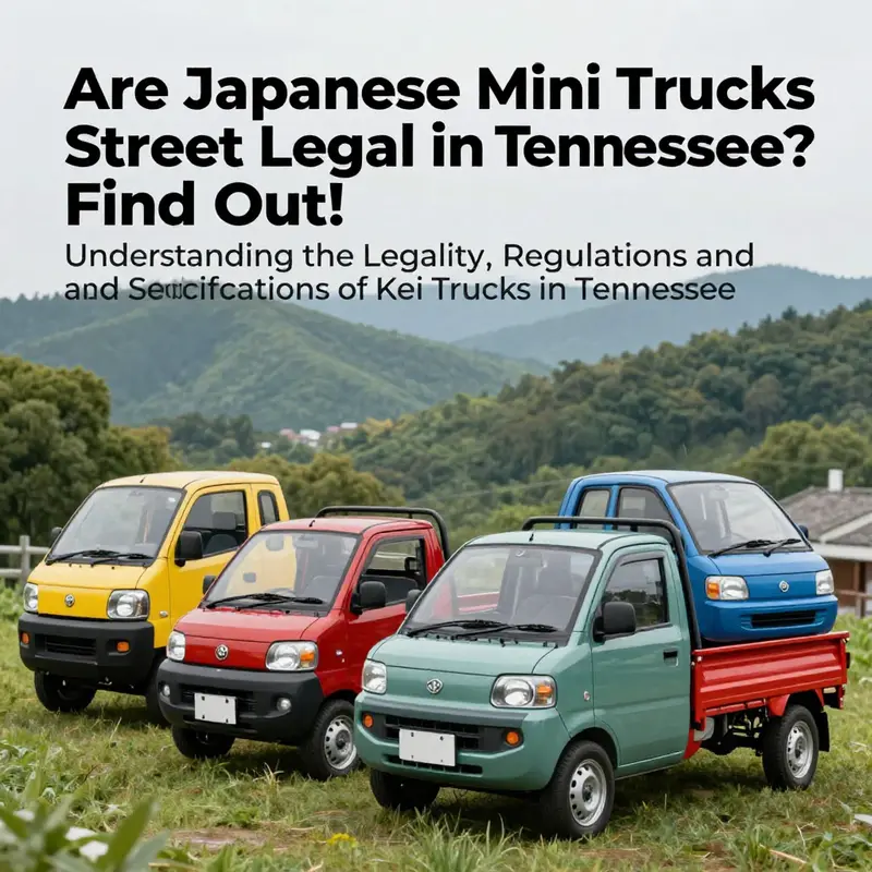 A variety of Japanese mini trucks set in a picturesque Tennessee backdrop, emphasizing their appeal to local buyers.