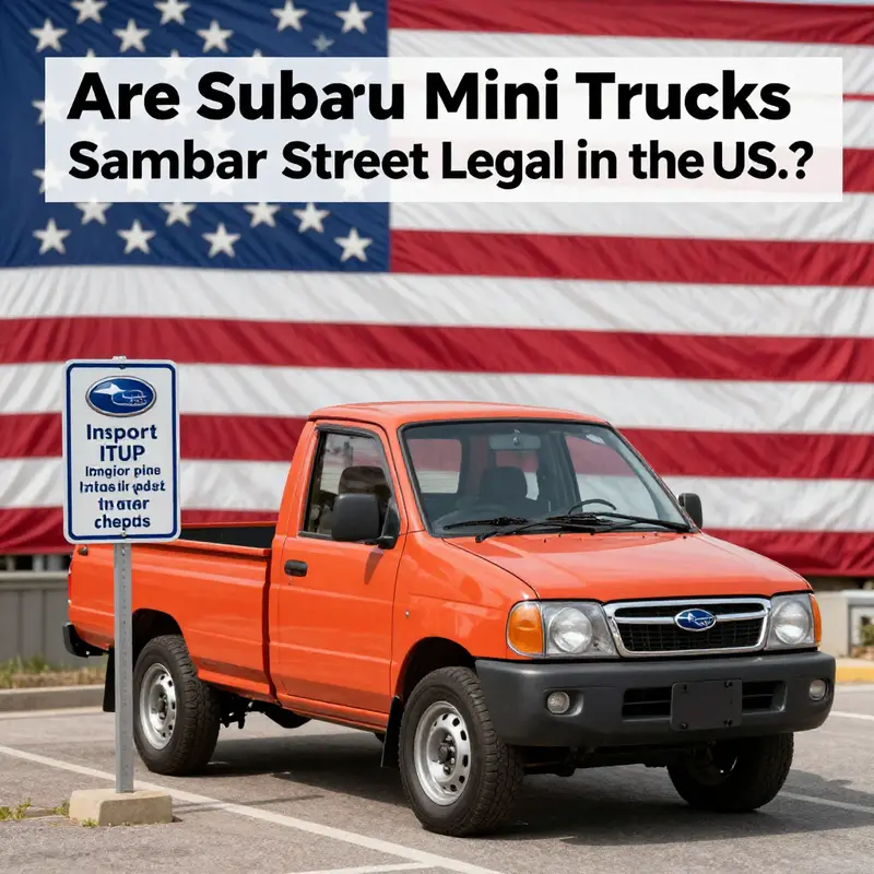 A Subaru Sambar mini truck alongside U.S. import regulations sign, highlighting the legal constraints of their use.