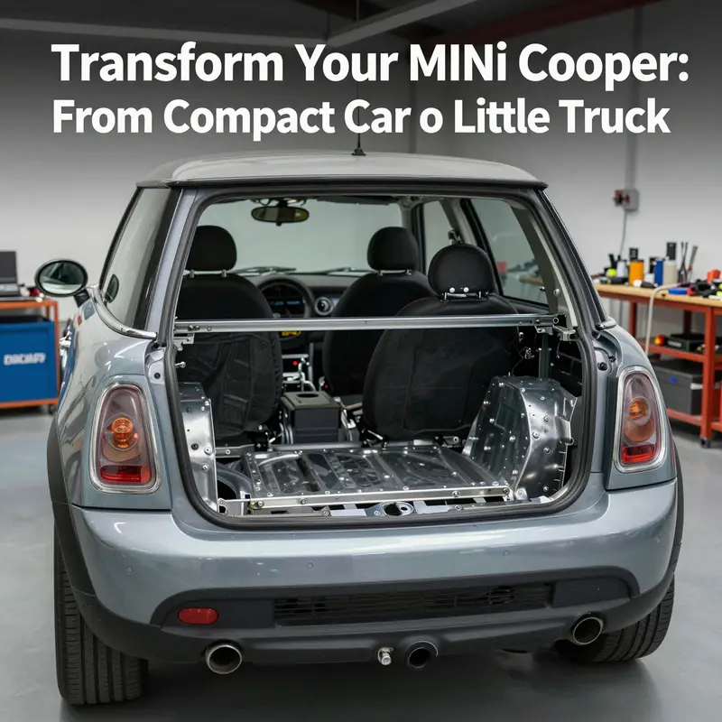 Structural changes in progress on a MINI Cooper, essential for converting it into a truck-style vehicle.