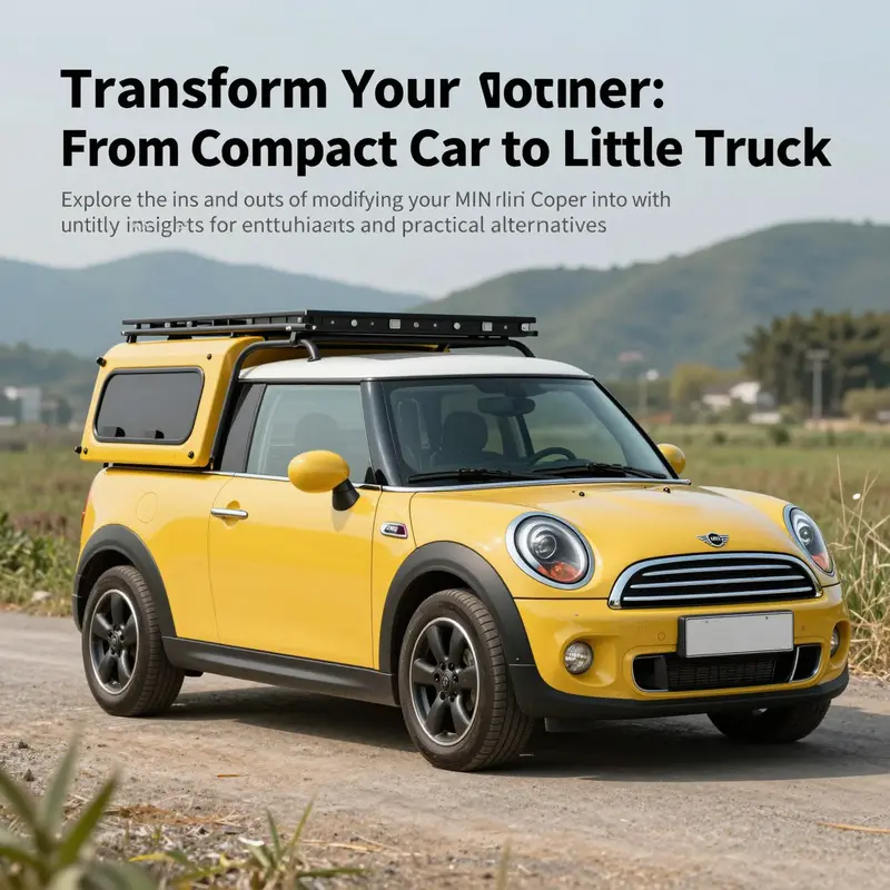 MINI Cooper creatively modified to resemble a truck with a cargo bed in an attractive outdoor setting.