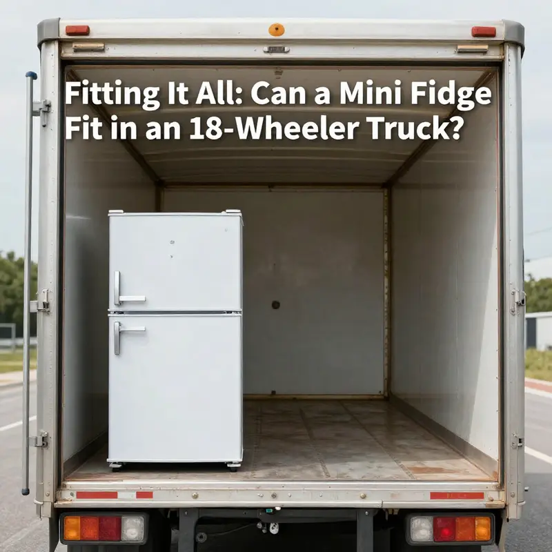 A visual comparison of a mini fridge and an 18-wheeler truck’s cargo space.