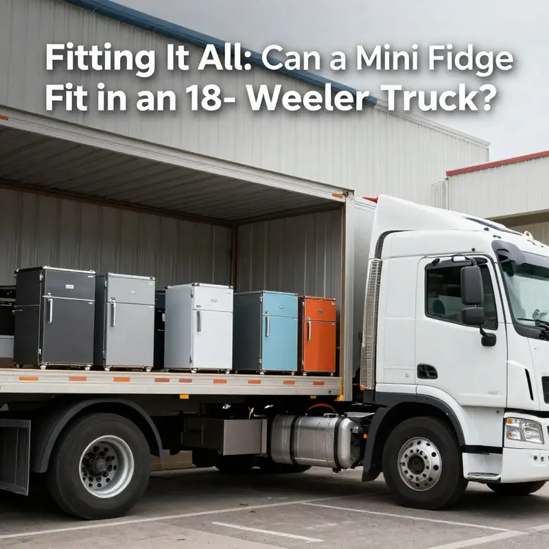 An image of an 18-wheeler truck parked next to a warehouse, with mini fridges being unloaded and ready for distribution.