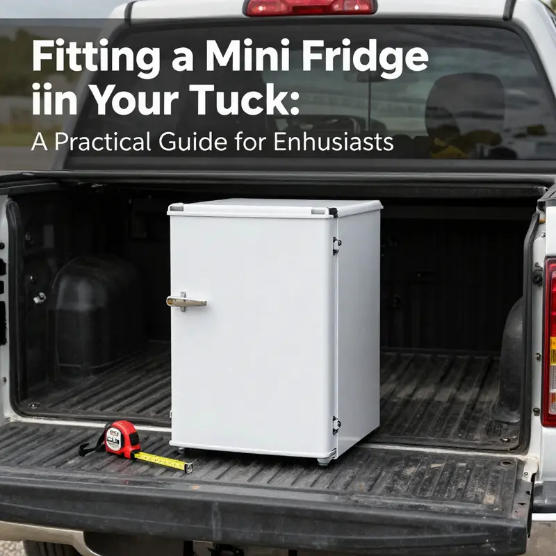 Measuring the dimensions of a mini fridge beside a truck, highlighting fitting considerations.