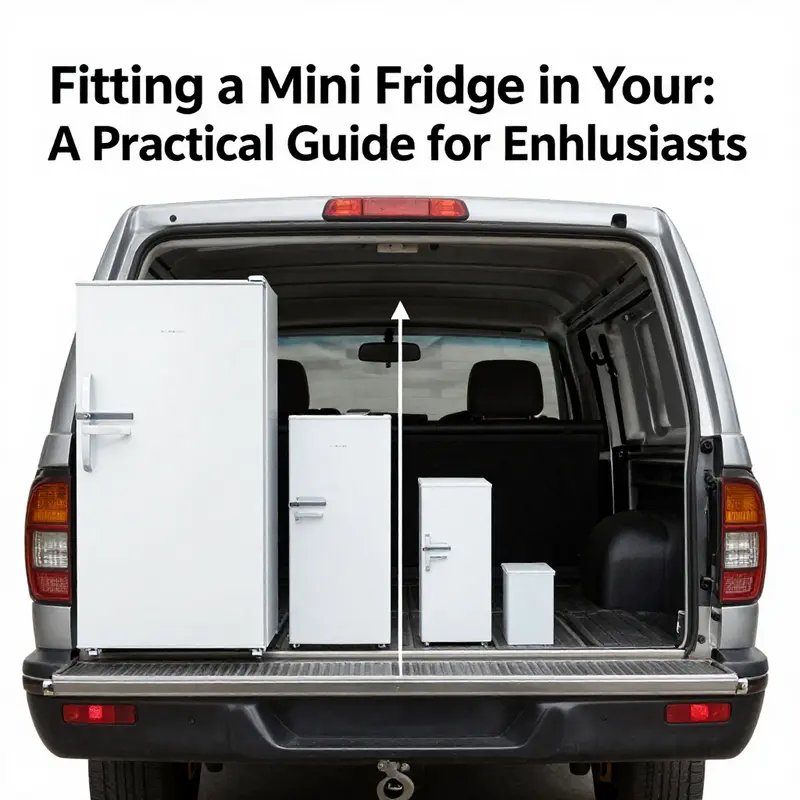 Measuring the dimensions of a mini fridge beside a truck, highlighting fitting considerations.