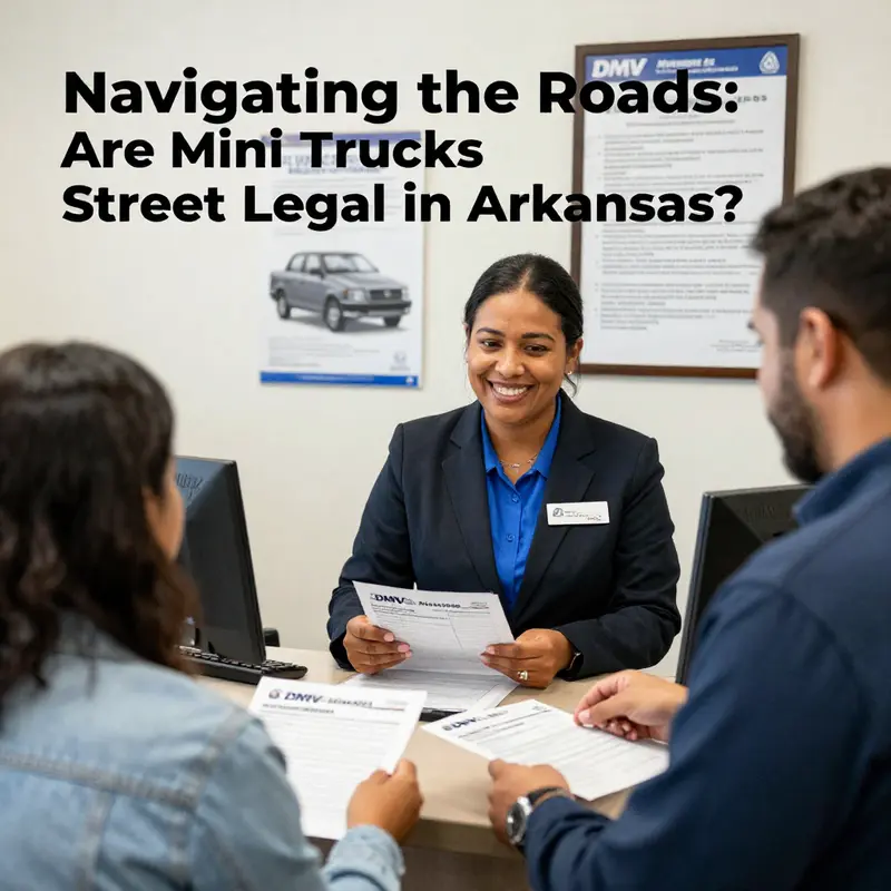 A mini truck parked legally alongside a scenic Arkansas road, showcasing compliance with vehicle regulations.