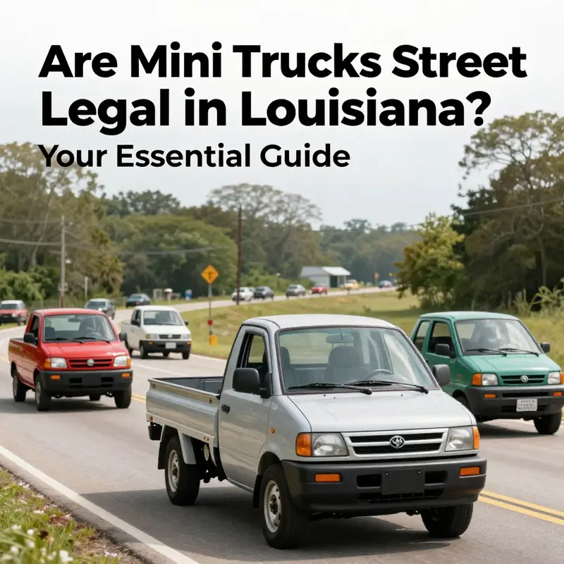 Various mini trucks driving along a beautiful Louisiana road, emphasizing their popularity and legality.