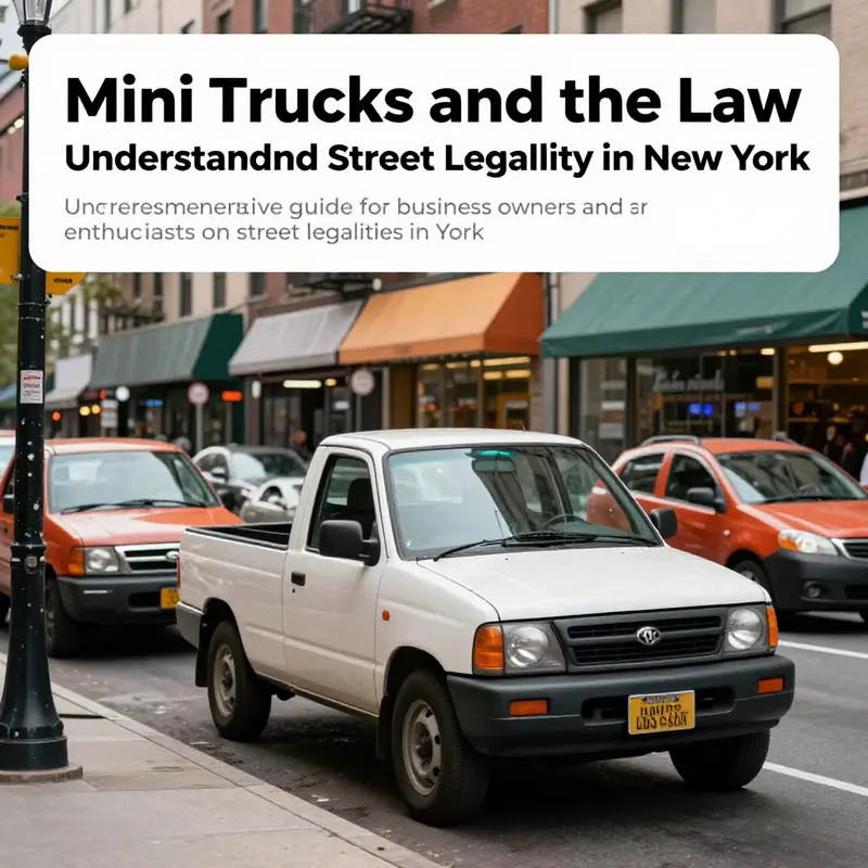 A vibrant street filled with mini trucks and signs depicting local businesses in New York, emphasizing street usage.