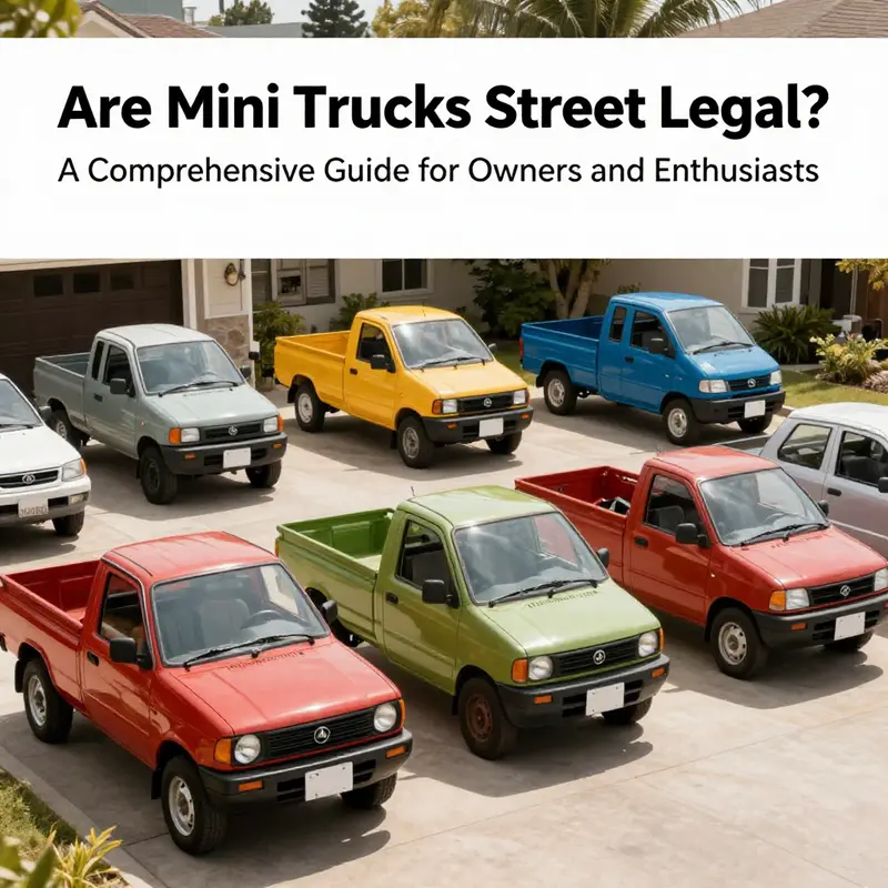 A lineup of colorful mini trucks in a driveway, representing different models and their versatility.