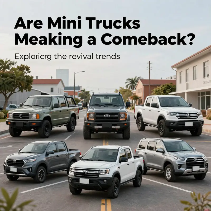 A collection of modern mini trucks displayed in an urban setting, emphasizing their versatility and contemporary designs.