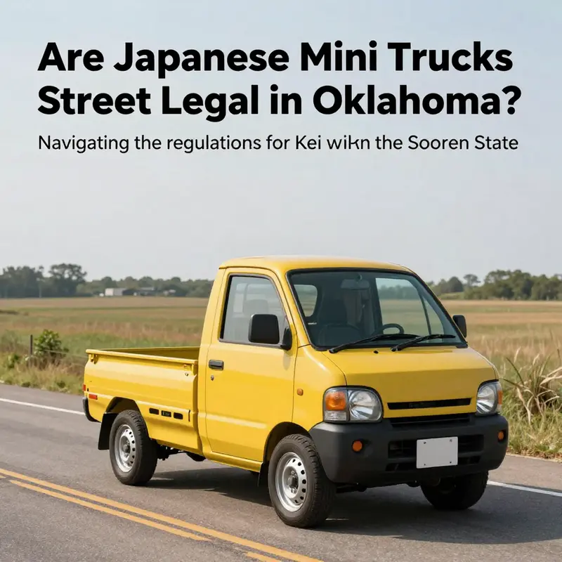 A colorful Japanese mini truck driving on a beautiful country road in Oklahoma, surrounded by natural scenery.