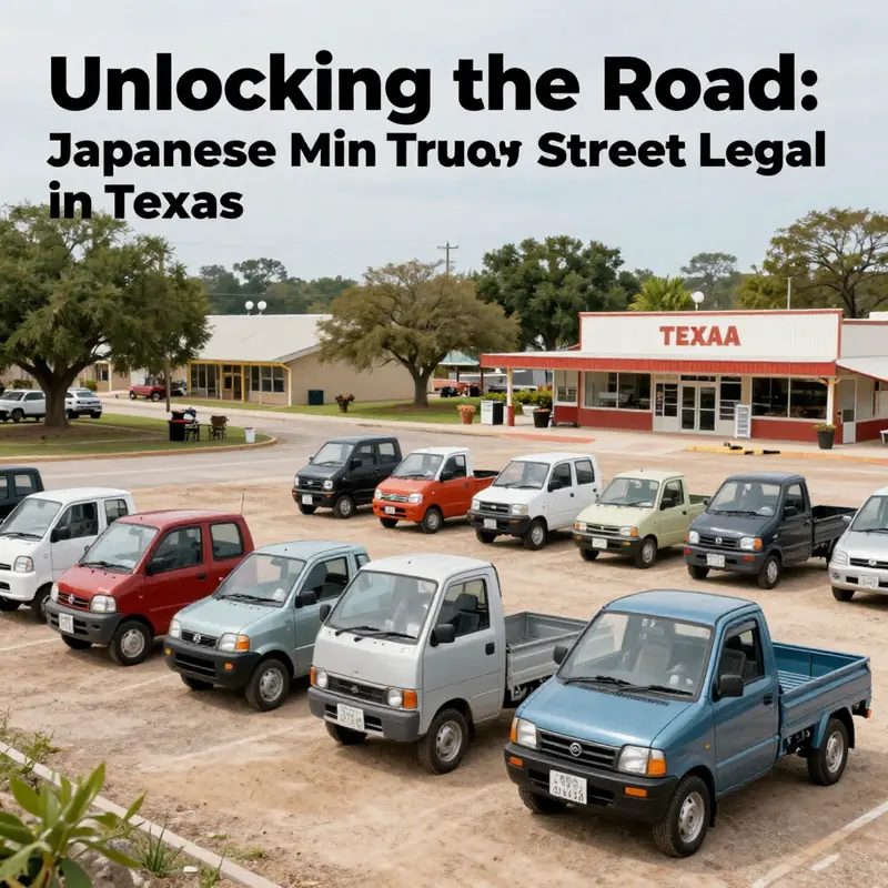 Various Japanese mini trucks parked in a Texas landscape, showcasing their role in local communities.
