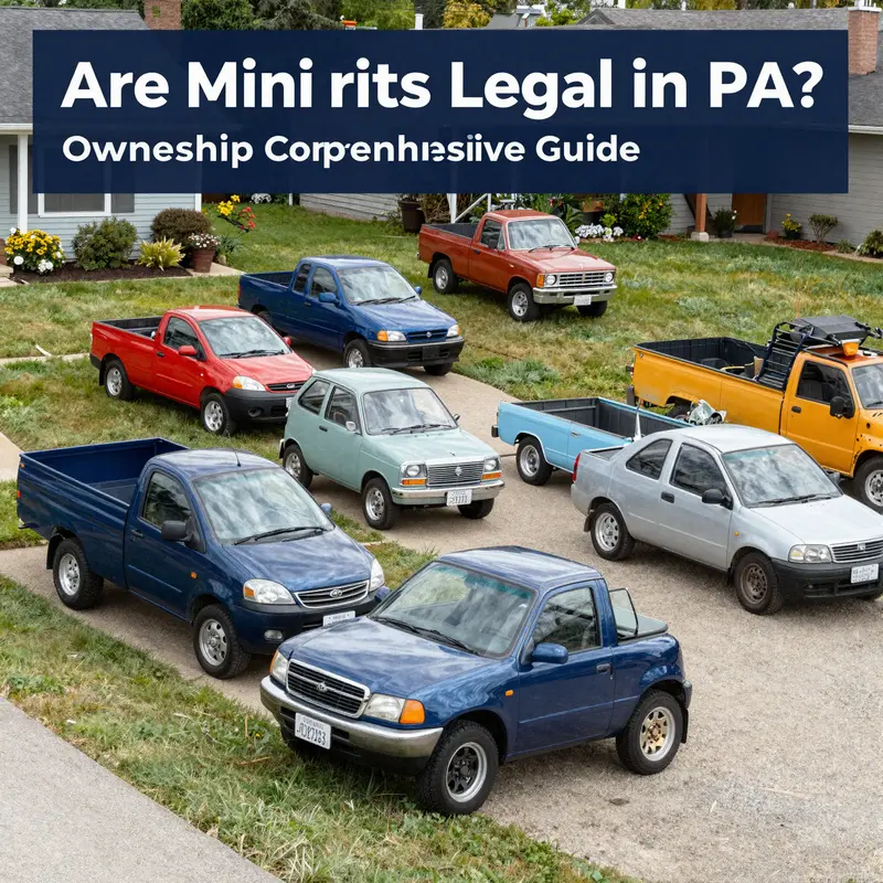 A variety of mini trucks parked in a Pennsylvania driveway, emphasizing ownership diversity.